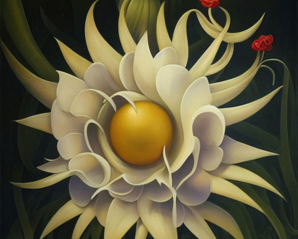 Surreal painting: Large white flower, golden center, dark green foliage, red flowers, cur