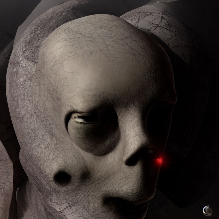 Surreal alien face with bald head, gray skin, deep-set eyes, glowing red eye.