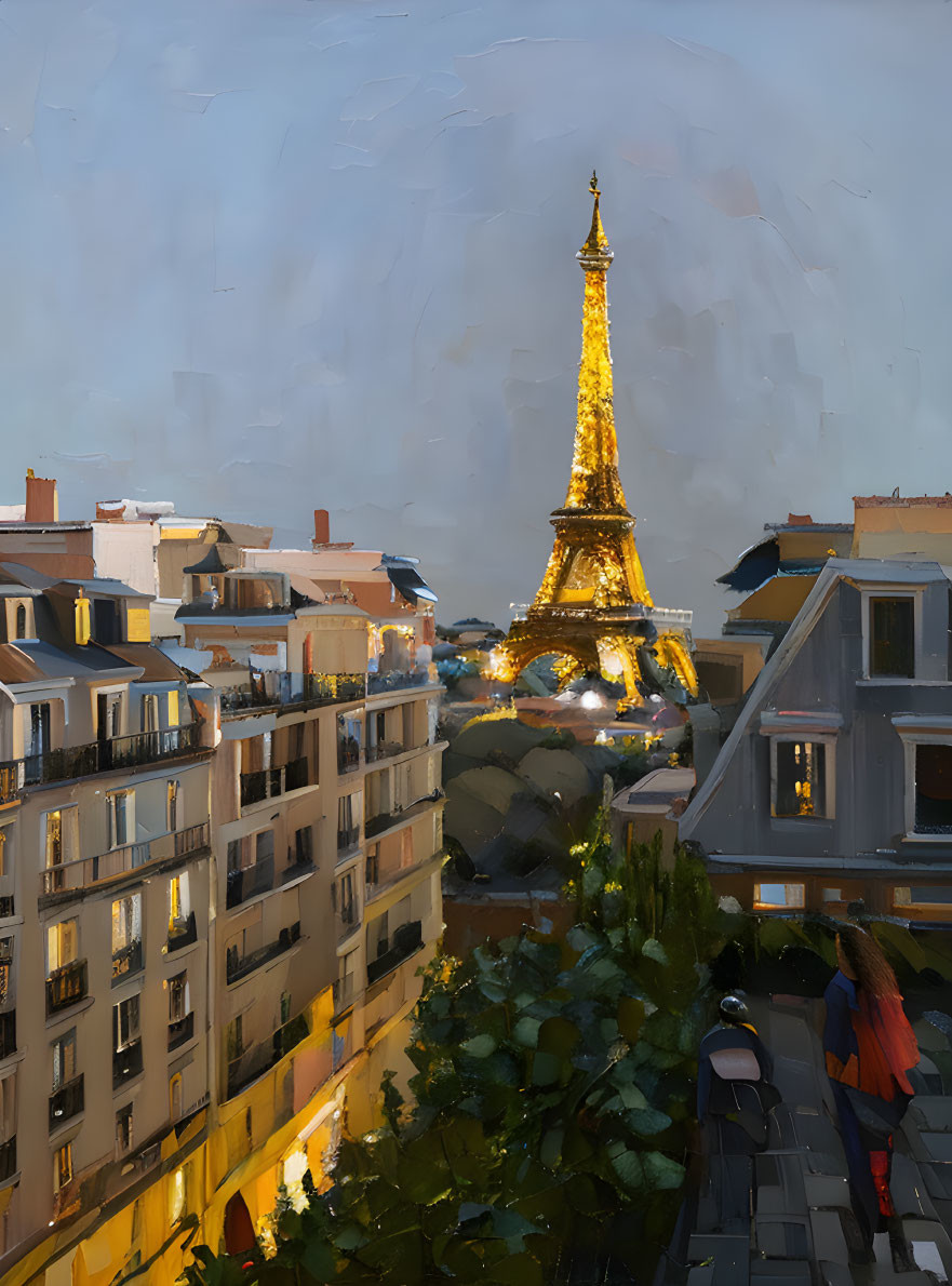 Eiffel Tower painting at dusk with figure and buildings.