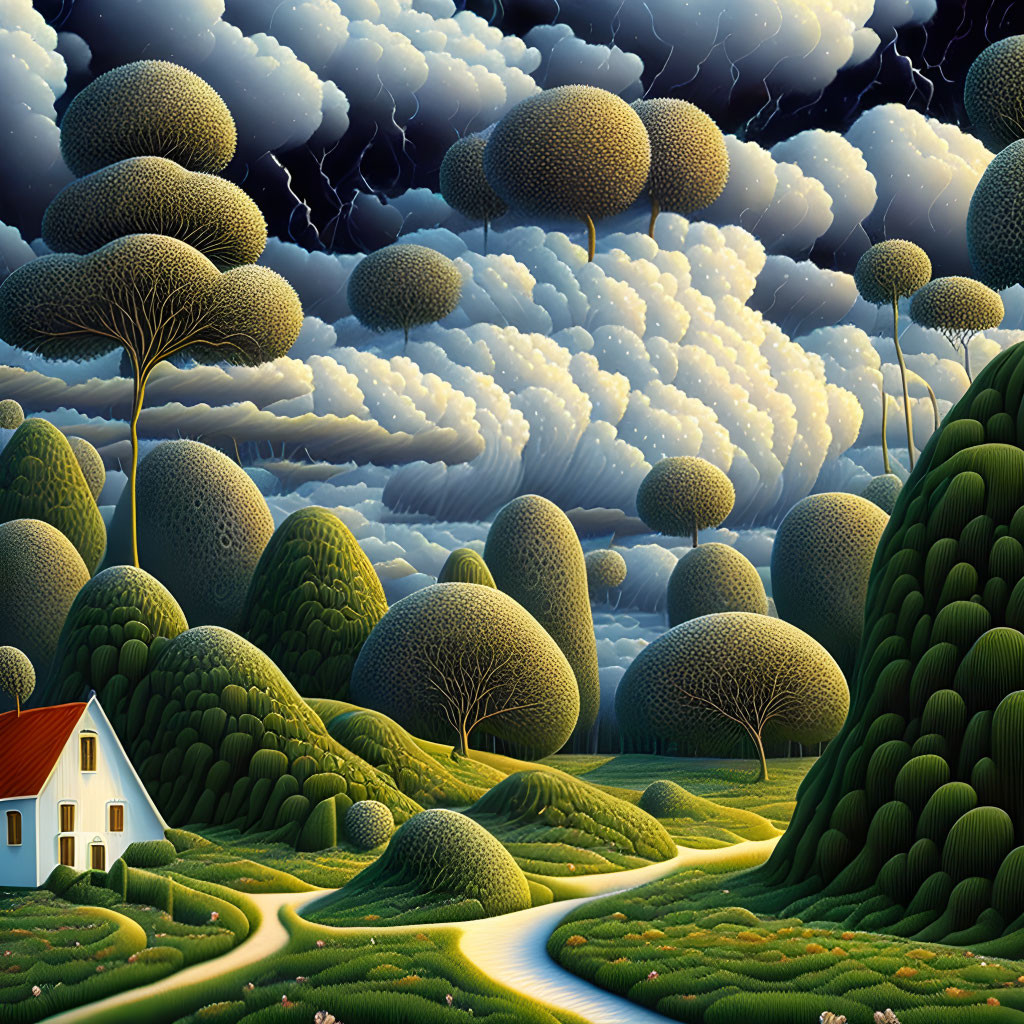 Surreal landscape with small house, rolling hills, patterned trees, stormy sky