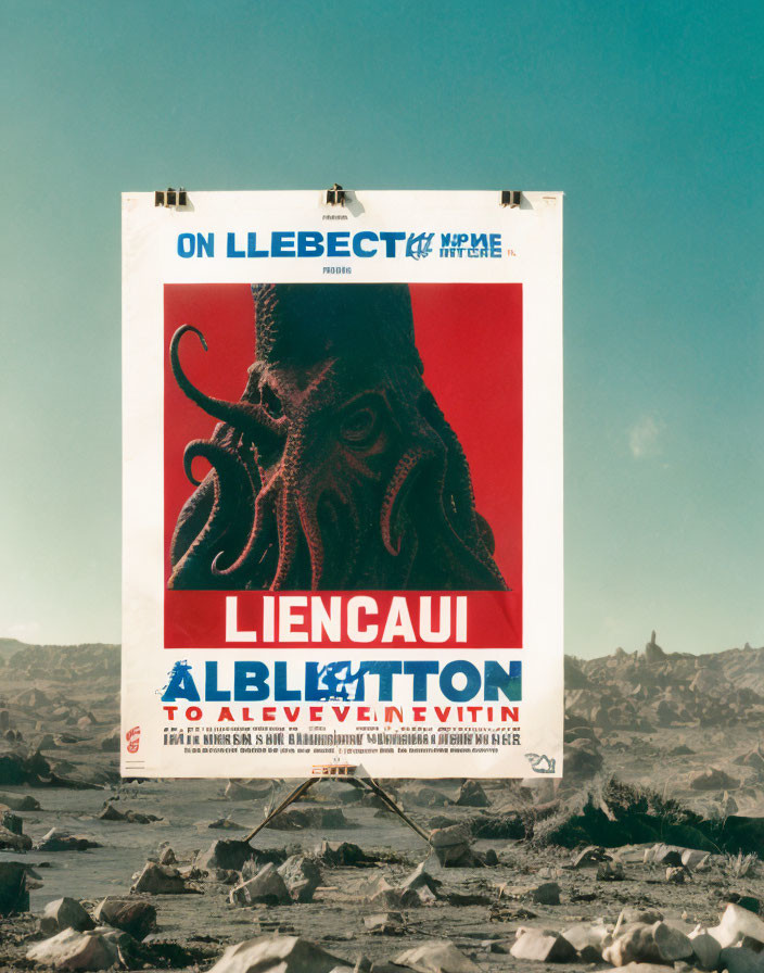 Octopus Poster with Cyrillic Text on Red Background in Rocky Landscape