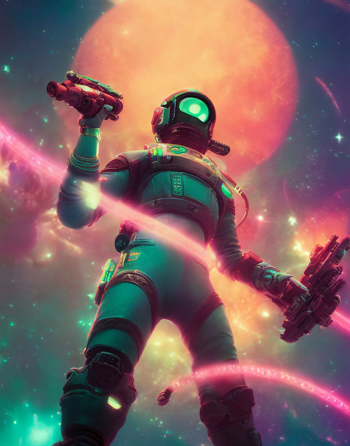 Astronaut with dual guns in colorful nebula with red planet and cosmic lights