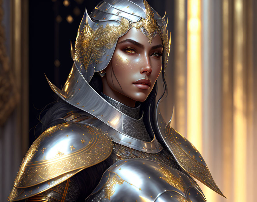 Regal female warrior in golden and silver armor against golden light.