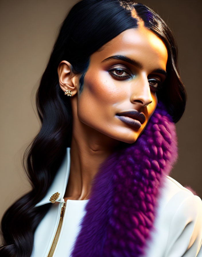 Woman with sleek hair in white jacket and purple fur stole.