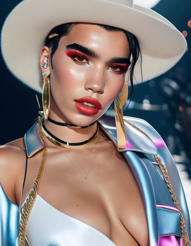 Striking Red Eyeshadow and Chic Outfit with Wide-Brimmed Hat