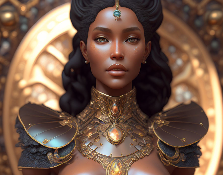 Regal digital portrait of woman with dark skin and ornate jewelry