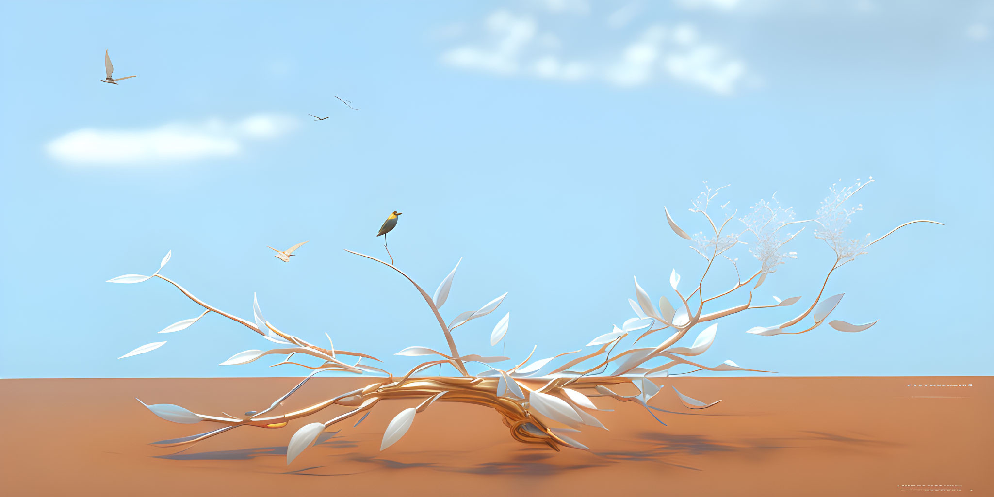 Surreal Landscape with Minimalist Branch and Birds