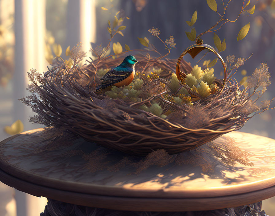 Vibrant bird in ornate nest with grapes on wooden pedestal in forest setting