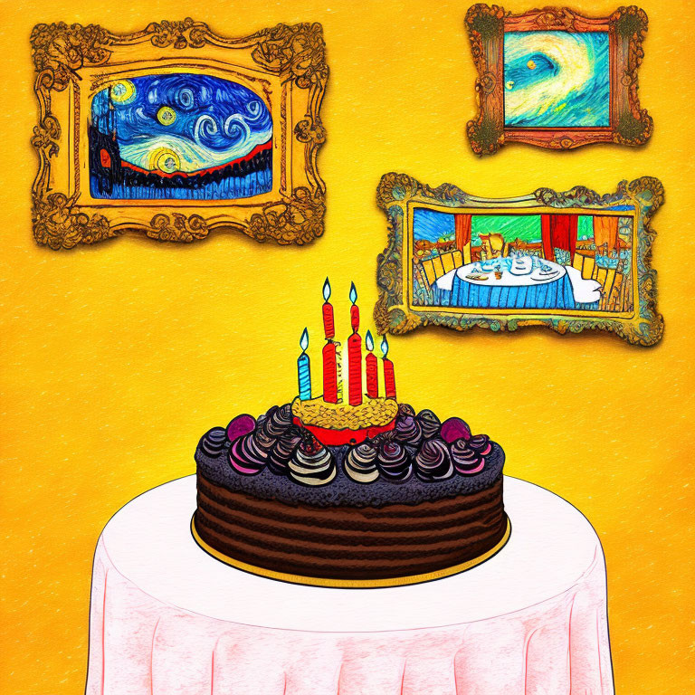 Chocolate Birthday Cake with Candles Surrounded by Van Gogh Paintings