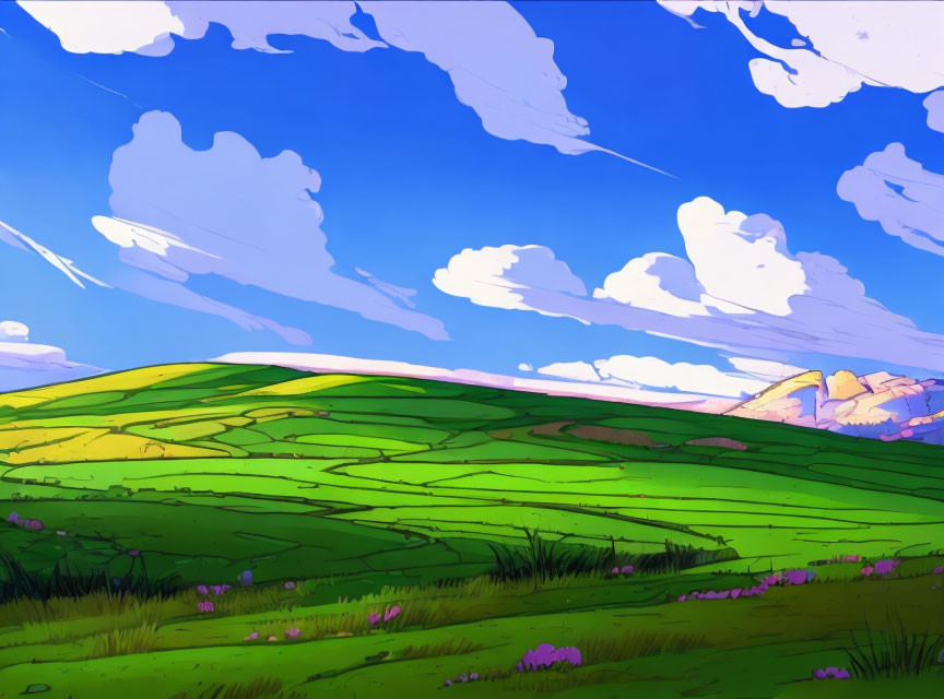 Colorful Cartoon Landscape with Rolling Green Hills and Blue Sky