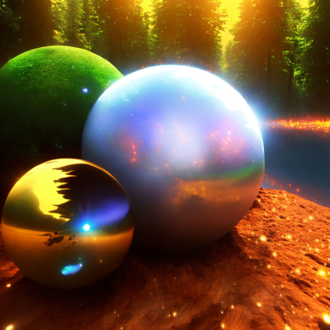 Mystical orbs with grassy, cosmic, and reflective surfaces on rugged ground at sunset