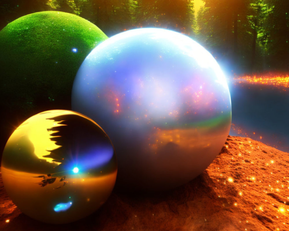 Mystical orbs with grassy, cosmic, and reflective surfaces on rugged ground at sunset