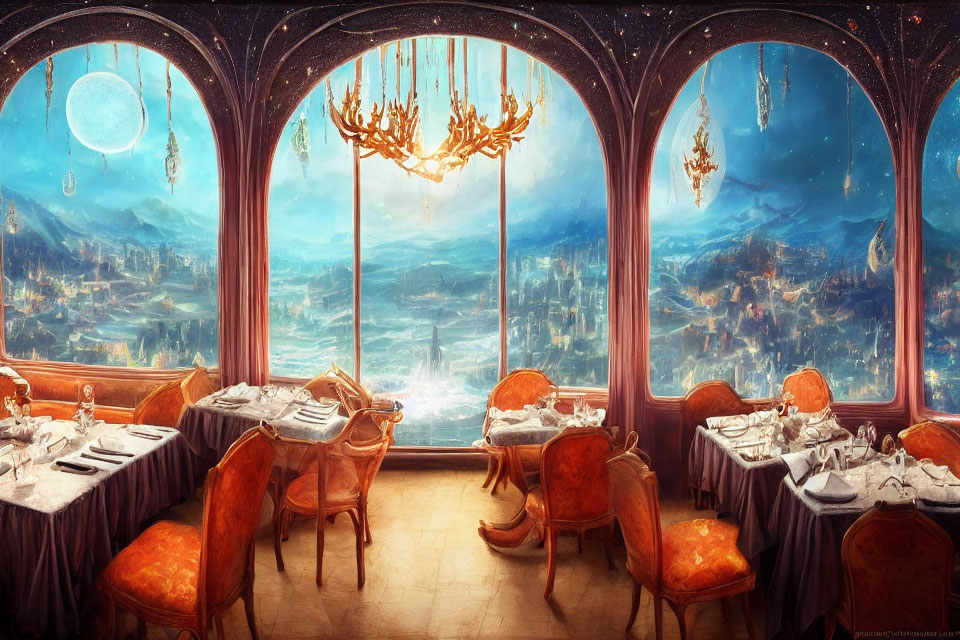 Luxurious Dining Room with Moonlit Fantasy Landscape View