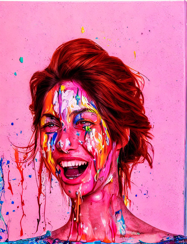 Colorful Paint Splattered Woman with Red Hair on Pink Background