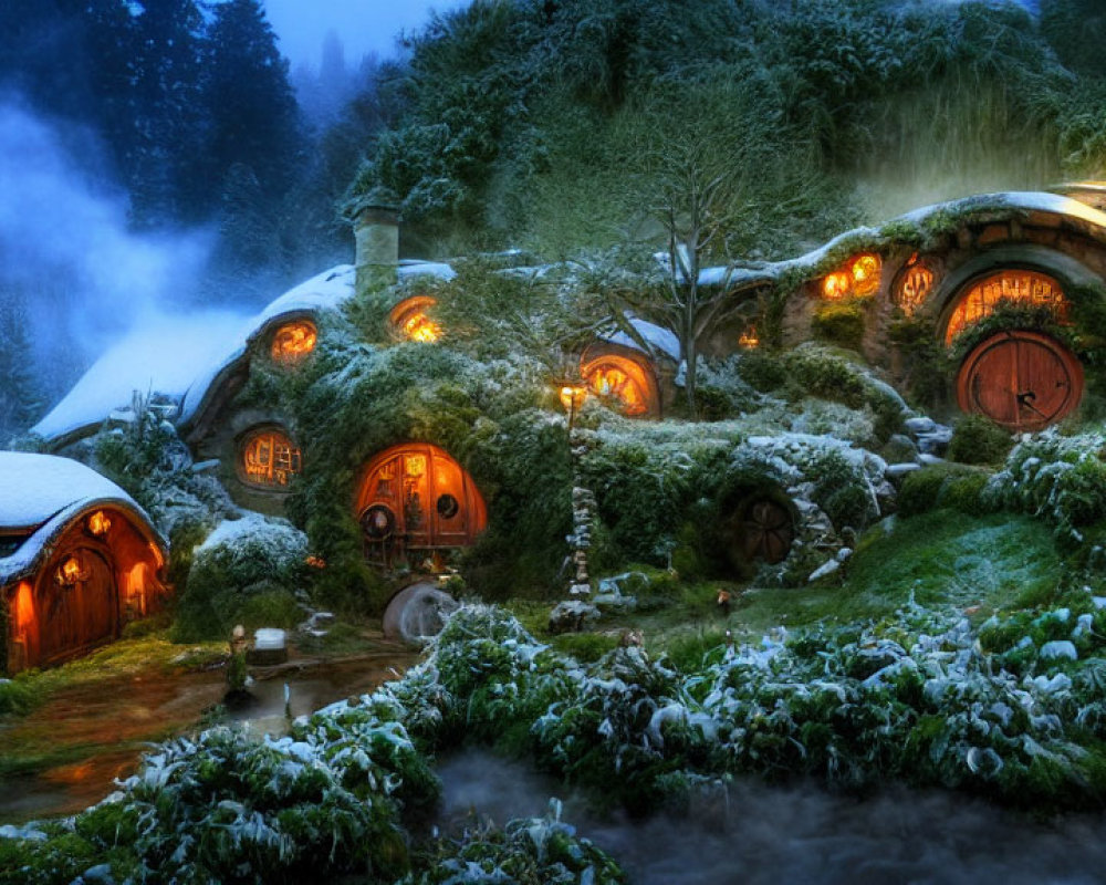 Snow-Dusted Hobbit-Style Houses in Forested Landscape