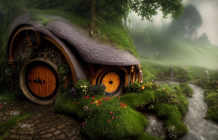 Quaint hobbit-style house in misty landscape with round doors