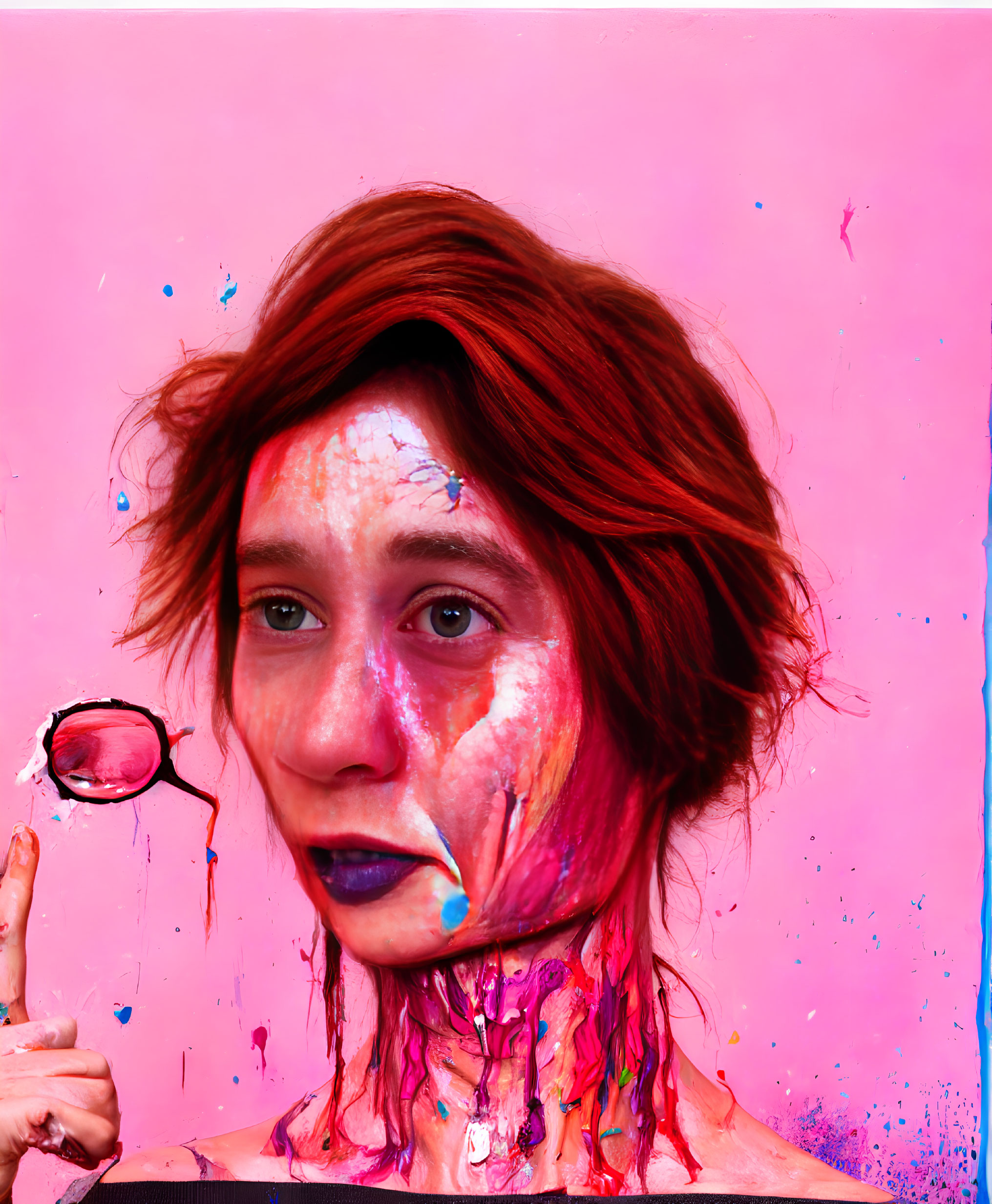 Red-haired person covered in colorful paint splashes with magnifying glass on pink background