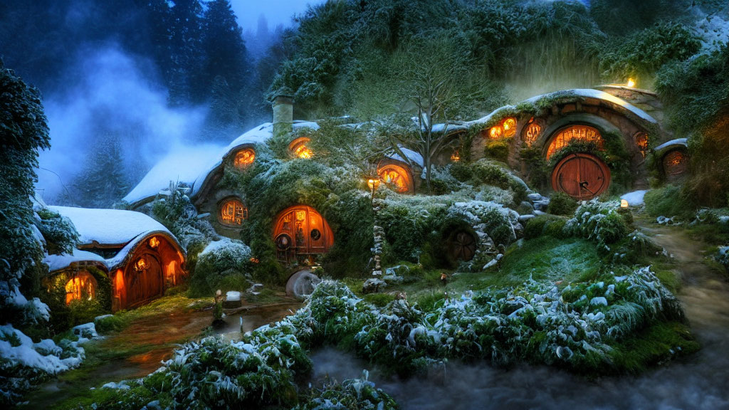 Snow-Dusted Hobbit-Style Houses in Forested Landscape