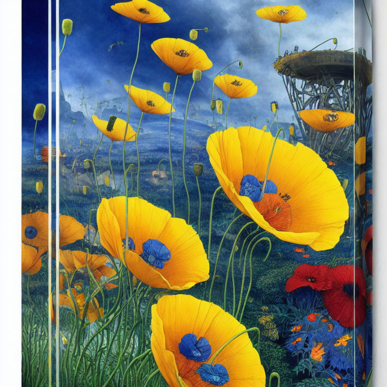 Vibrant illustrated landscape with golden poppies and surreal backdrop.