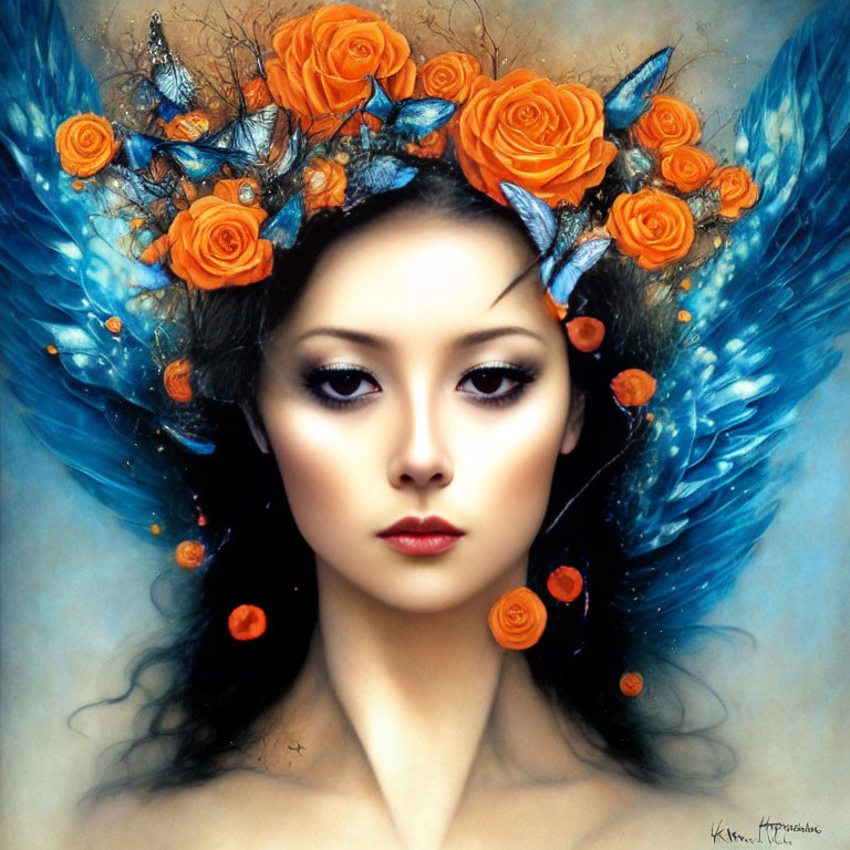 Woman with Blue Butterfly Wings and Orange Roses Painting