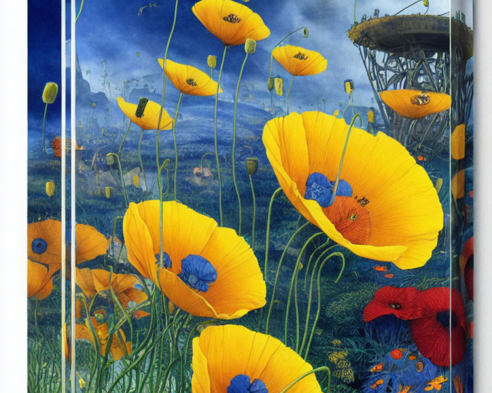 Vibrant illustrated landscape with golden poppies and surreal backdrop.