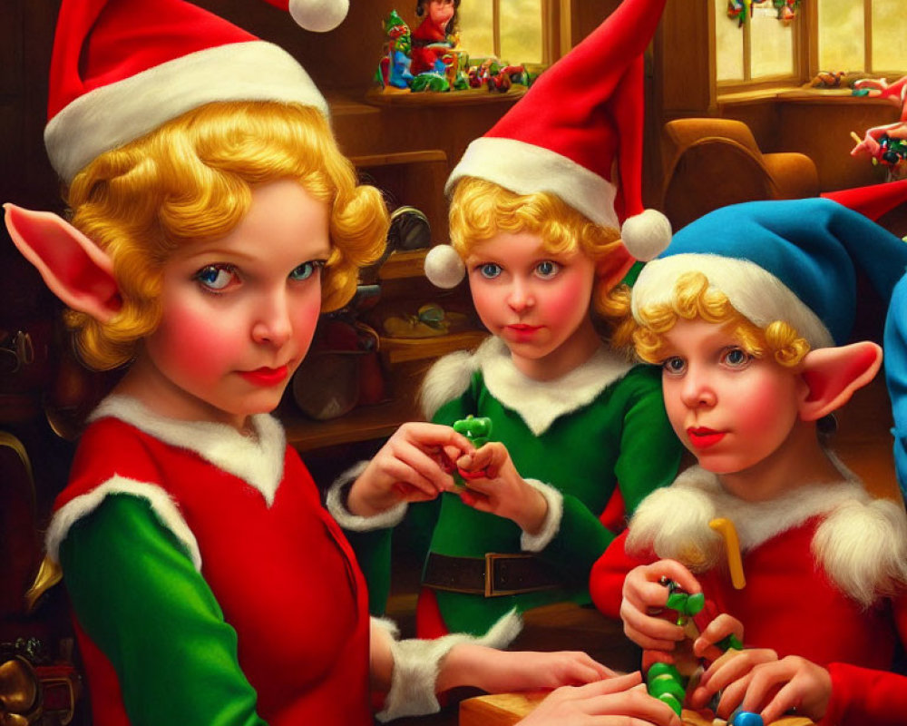 Three elves crafting toys in a workshop with shelves of toys.