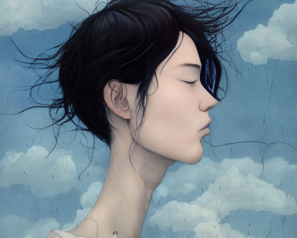 Illustrated portrait of a person with dark hair against cloudy blue sky