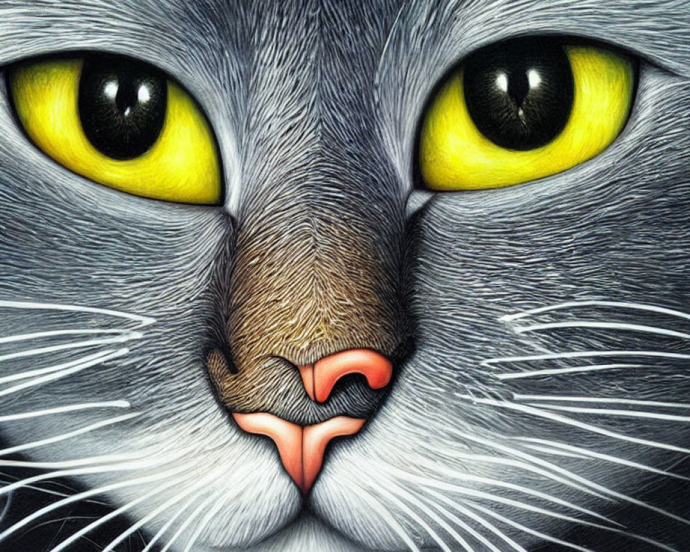 Detailed Drawing of Cat with Yellow Eyes and Pink Nose on Black Background