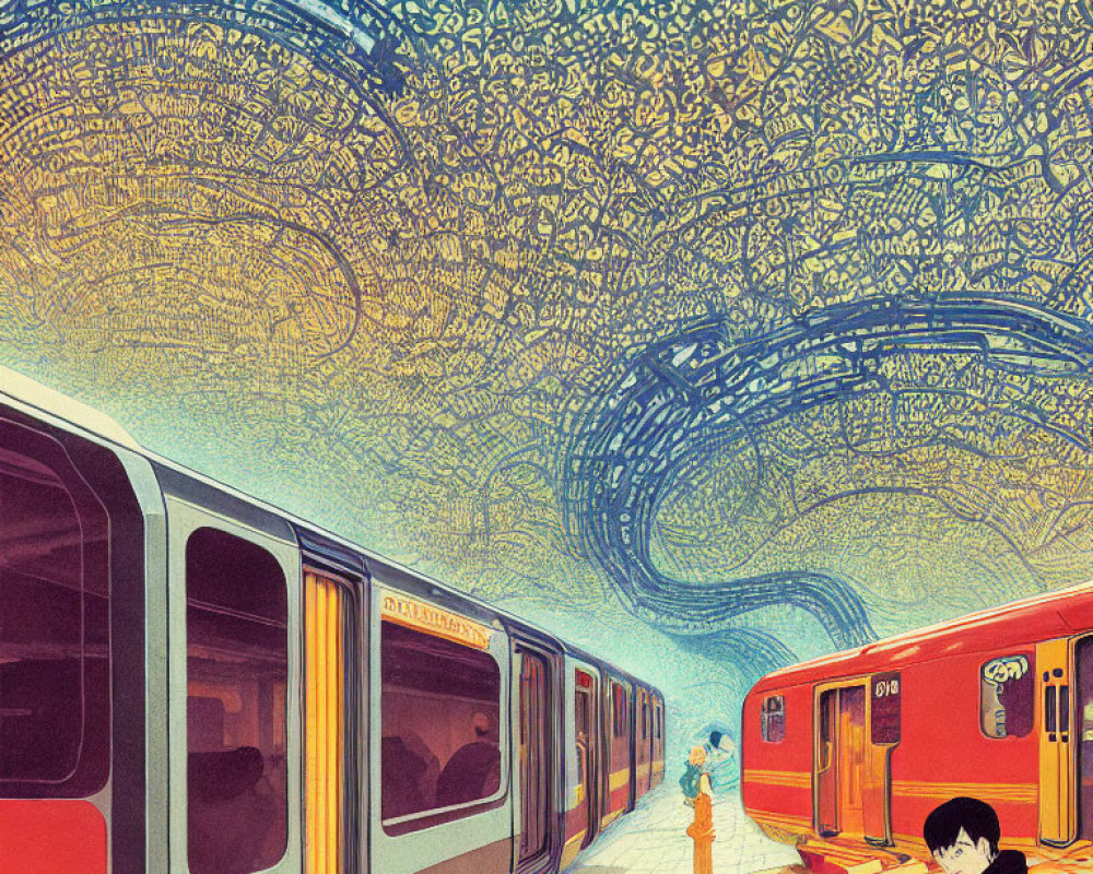 Illustration of subway station with red trains, person on platform, and script vortex.