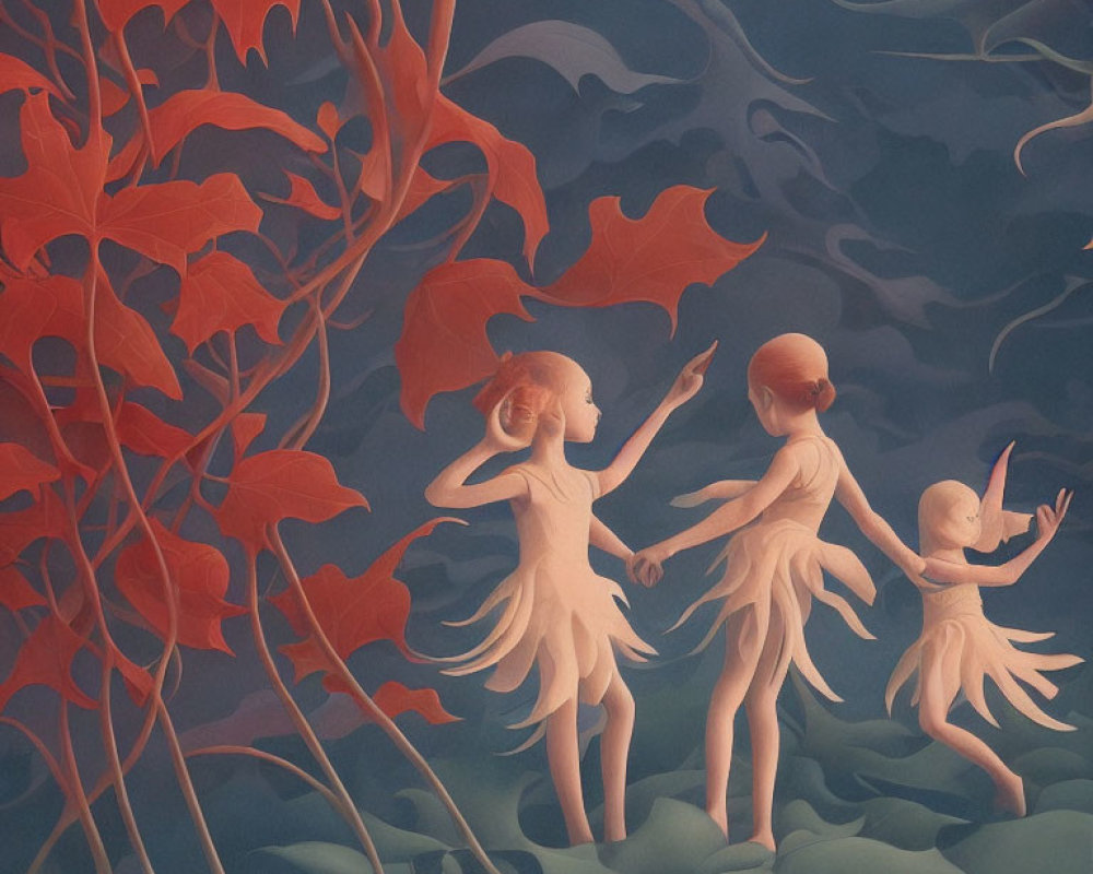 Three ballet dancers in surreal autumn scene with red-leafed trees