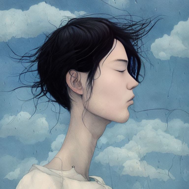 Illustrated portrait of a person with dark hair against cloudy blue sky