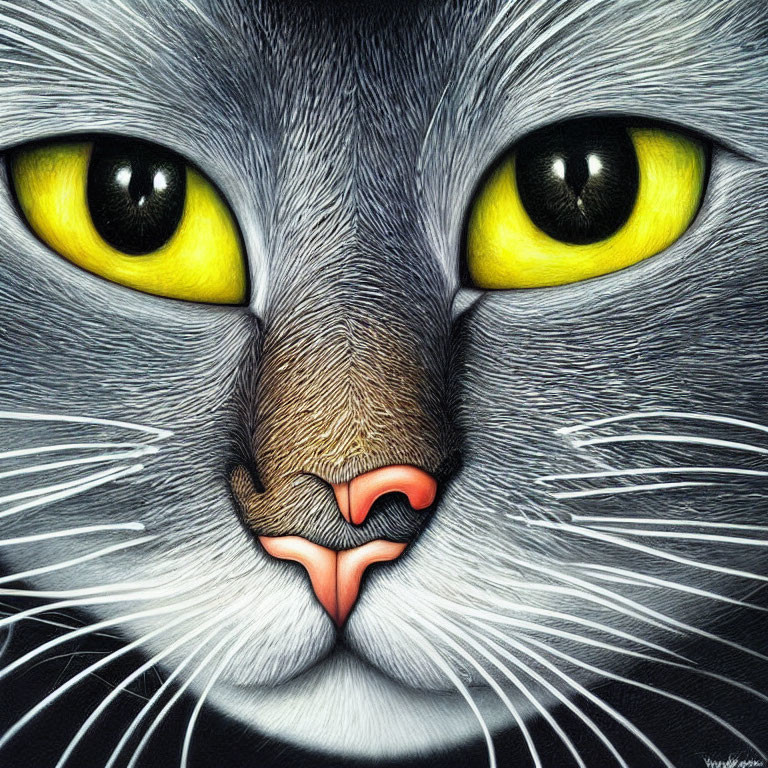 Detailed Drawing of Cat with Yellow Eyes and Pink Nose on Black Background