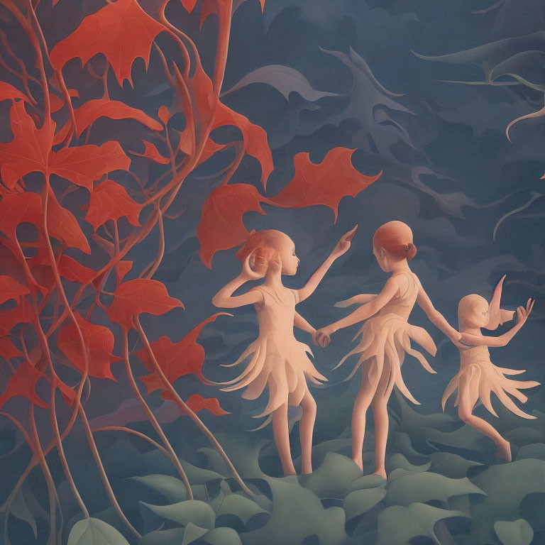 Three ballet dancers in surreal autumn scene with red-leafed trees