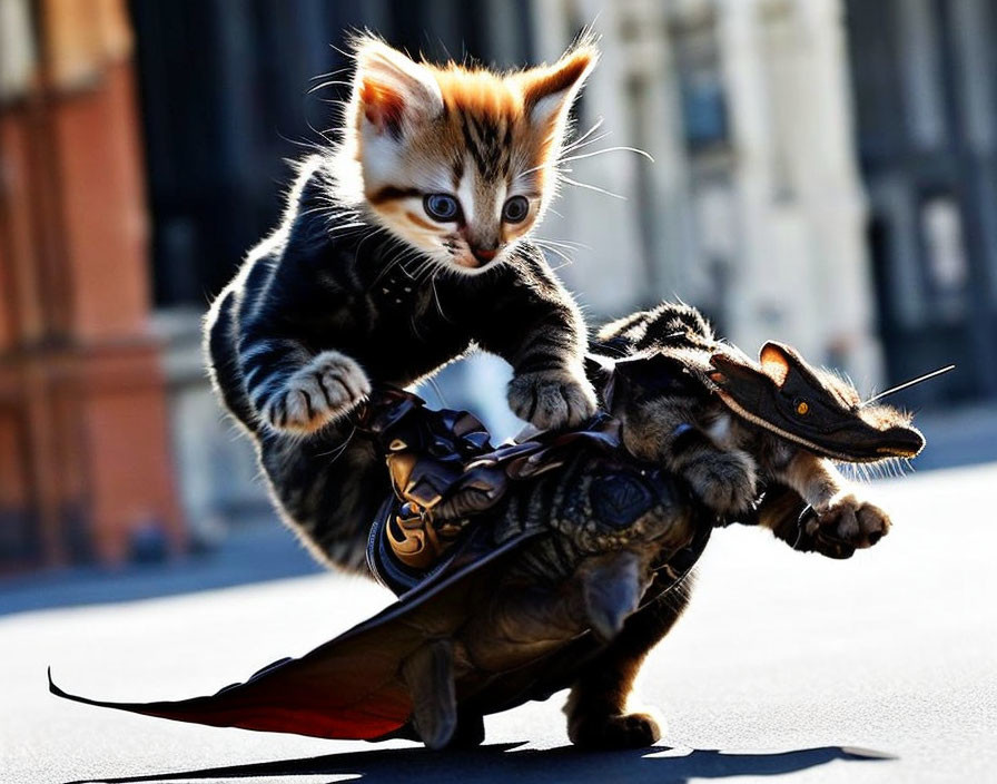 Adorable kitten on toy dragon in dynamic street scene