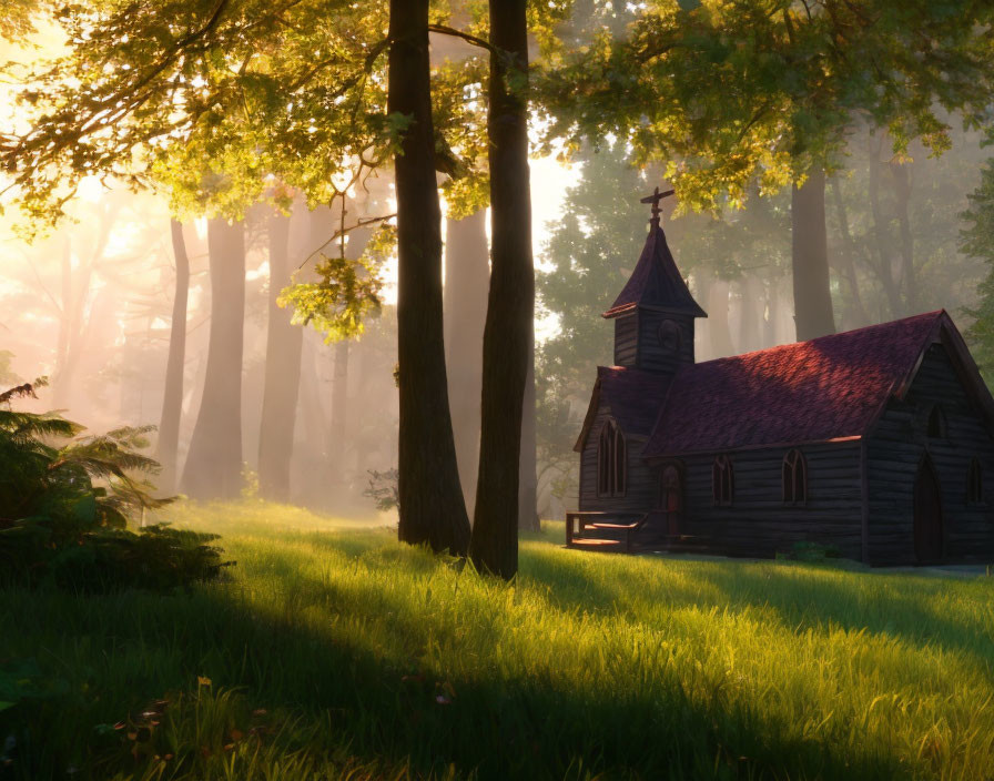 Serene forest glade with old wooden church at misty sunrise