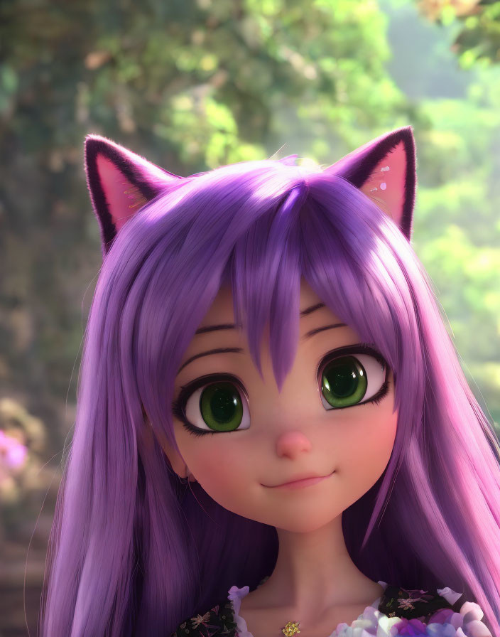 Purple-haired animated character with cat ears and green eyes in nature background