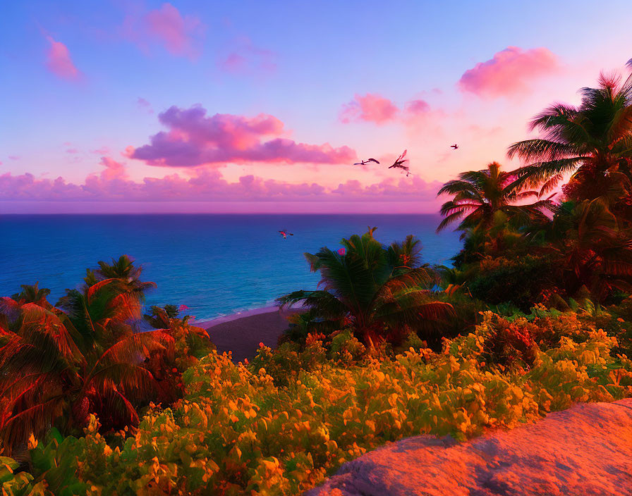 Tropical sunset with pink clouds, palm trees, ocean, birds, and lush greenery