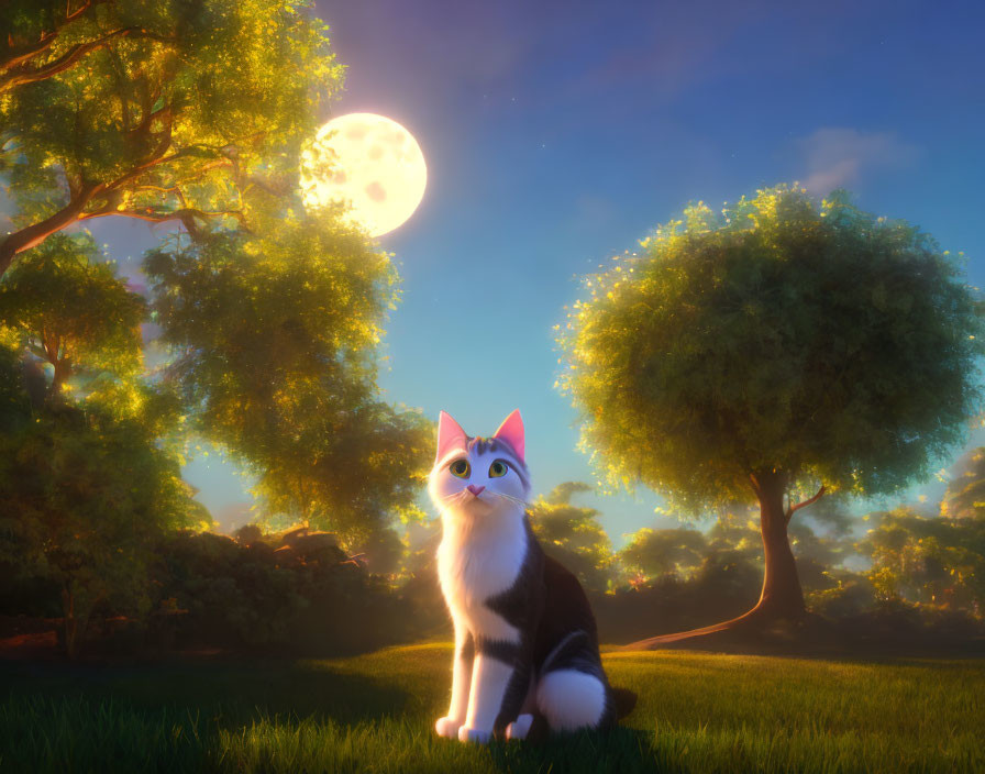 Animated cat in moonlit field with lush greenery and full moon