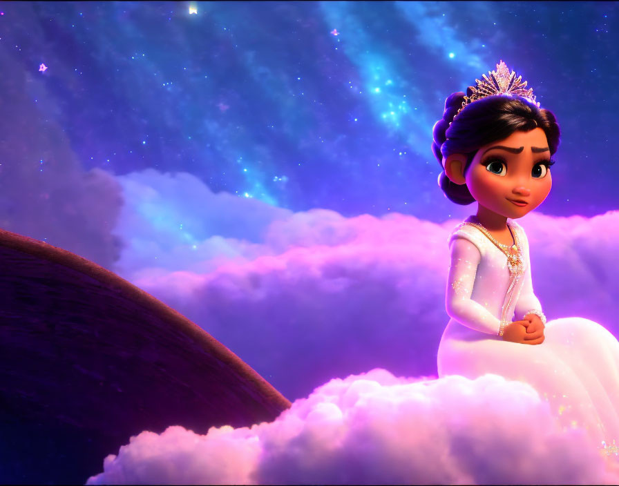 Animated princess on cloud in white dress under starry night sky