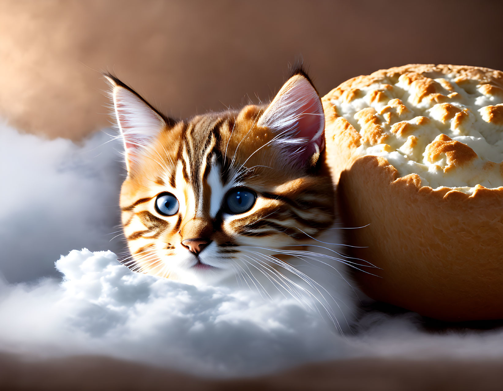 Tabby kitten with blue eyes beside loaf of bread and cotton fluff