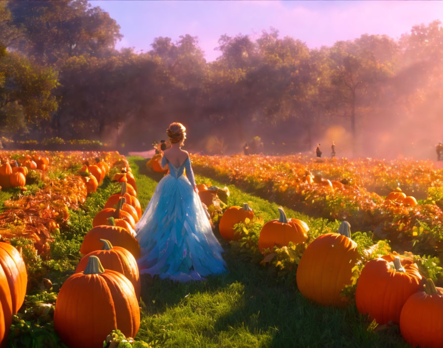 Woman in blue gown strolling in pumpkin patch under golden sunlight