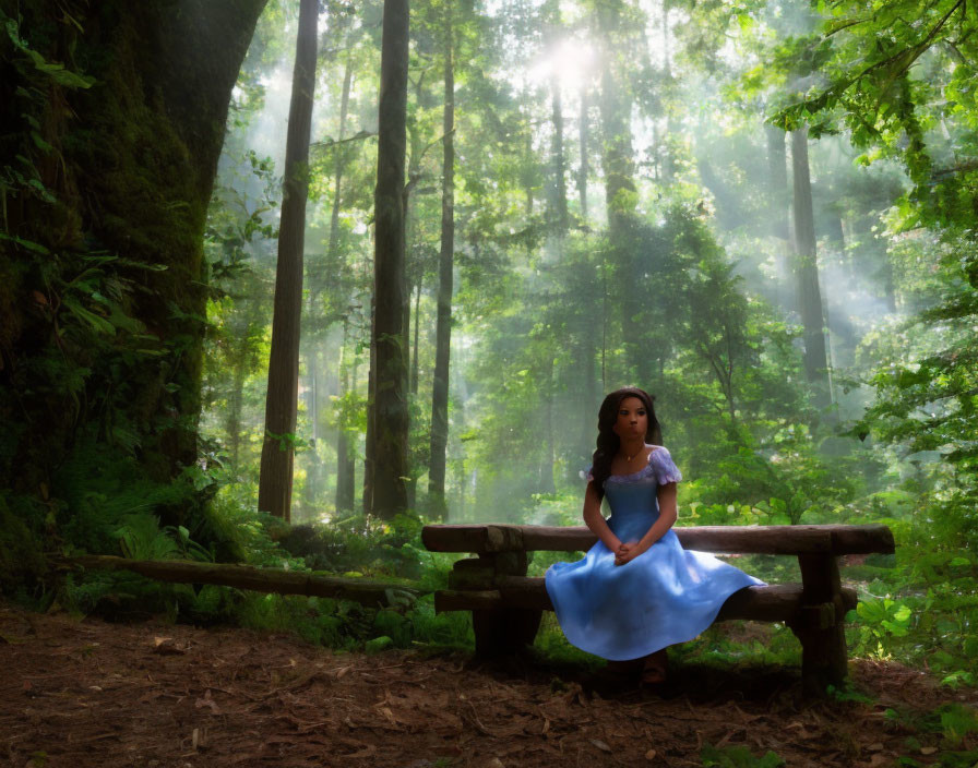 Woman in Blue Dress Contemplating on Bench in Forest Sunbeams