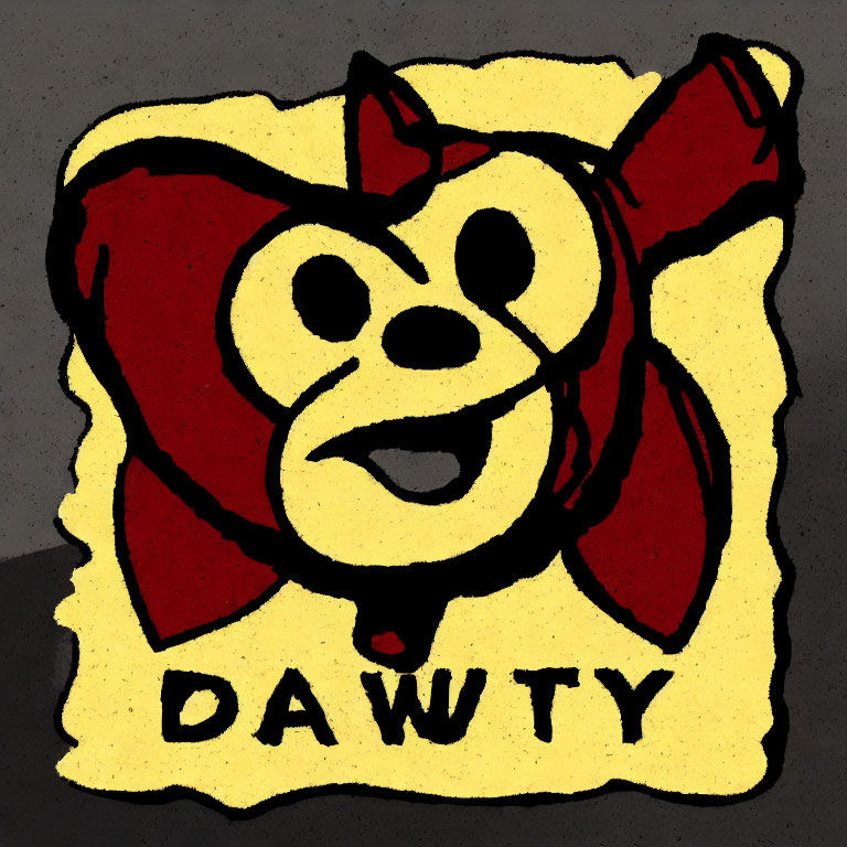 Grinning character with prominent ears and bow on yellow background with "DAWTY" text