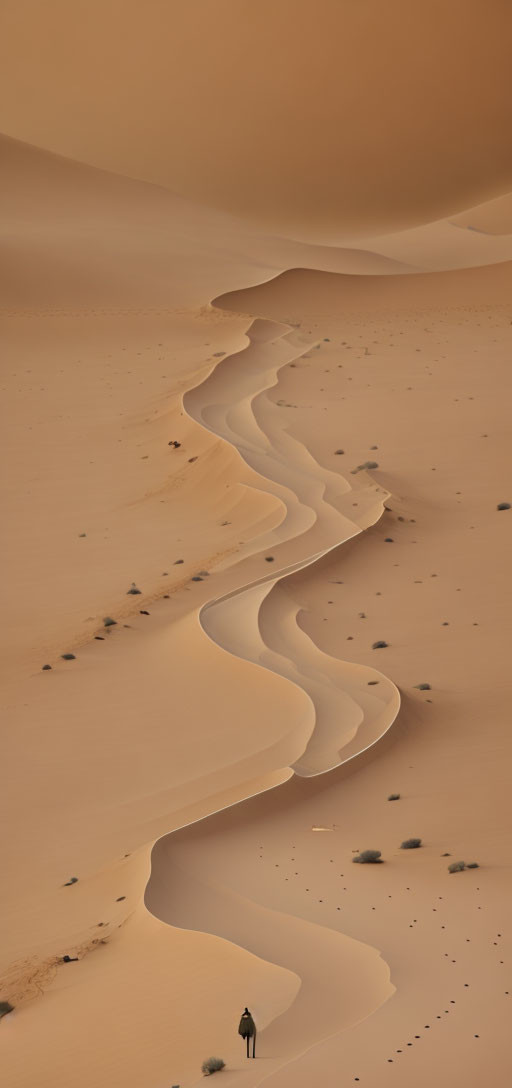 Solitary figure in vast desert landscape with sand dunes under hazy sky