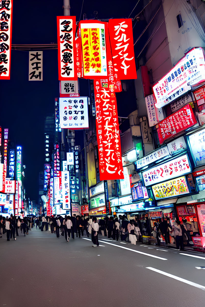 Vibrant city street at night with neon signs, shops, and pedestrians