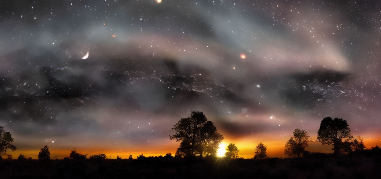 Panoramic night sky with crescent moon, stars, and sunset silhouette landscape