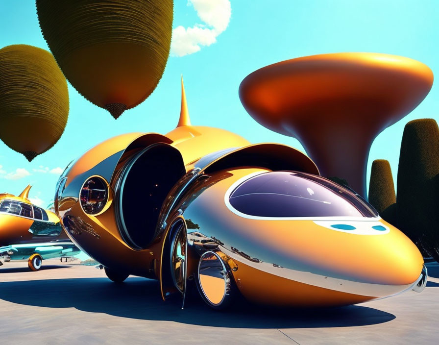 Futuristic orange vehicles parked under large mushroom-like structures on a sunny day