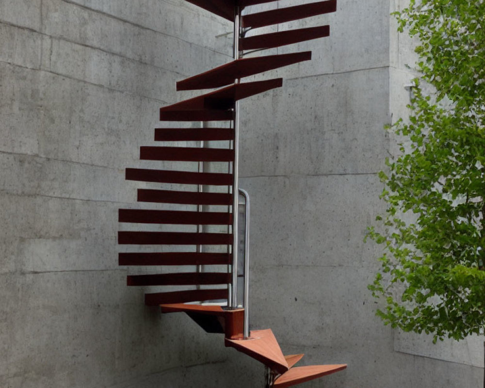 Modern spiral staircase with wooden steps and metal handrail against concrete wall and green foliage