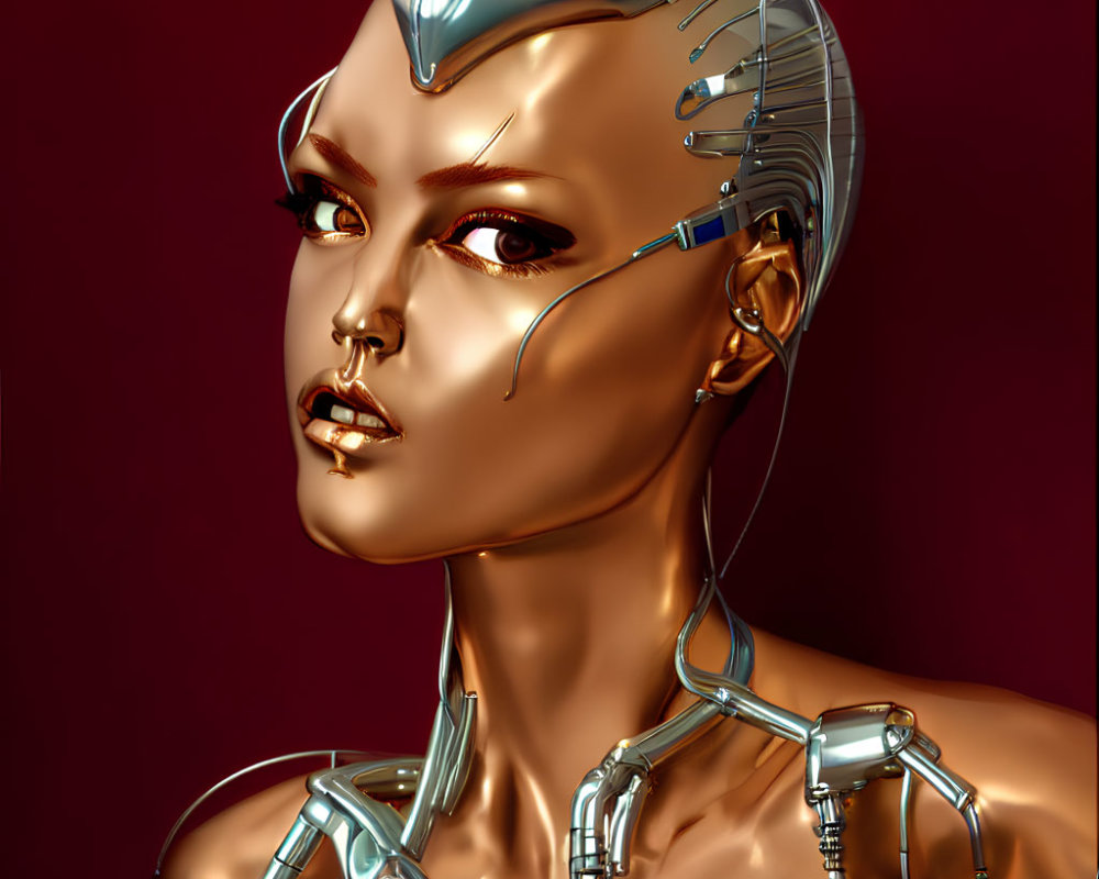 Female humanoid robot with glossy metallic skin and cybernetic enhancements on maroon backdrop