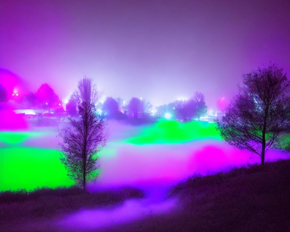 Vibrant purple and green lights illuminate foggy night landscape